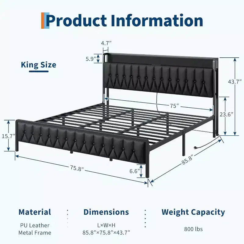 Base de cama de metal Queen Acekool con estación de carga, cabecero y piecero de almacenamiento de piel sintética