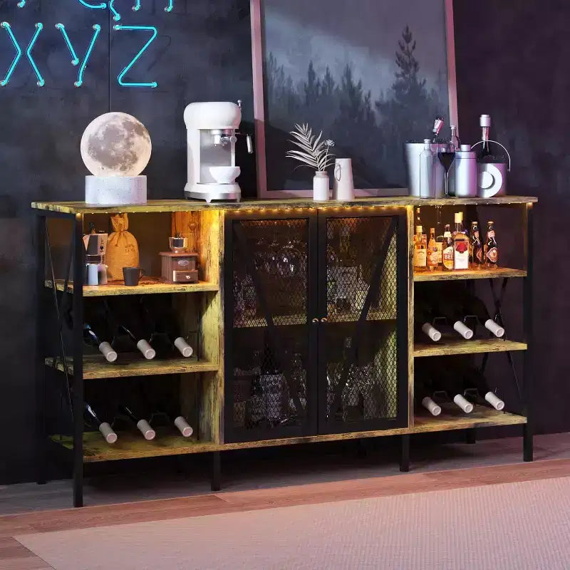 Acekool - Armario de bar industrial, aparador con botellero y estantes de almacenamiento para comedor o sala de estar