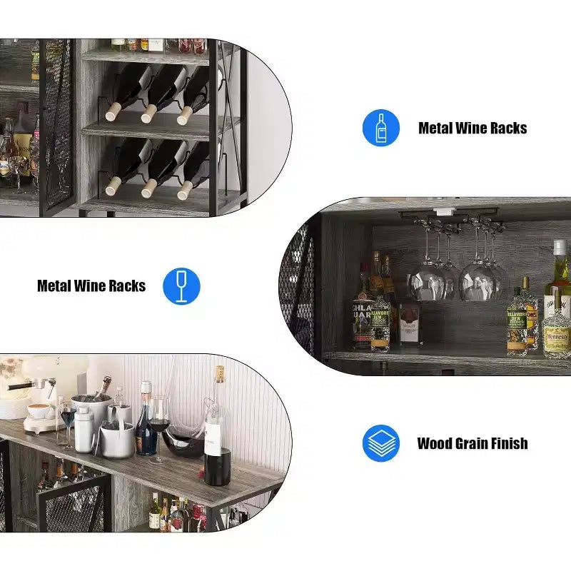 Acekool - Armario de bar industrial, aparador con botellero y estantes de almacenamiento para comedor o sala de estar