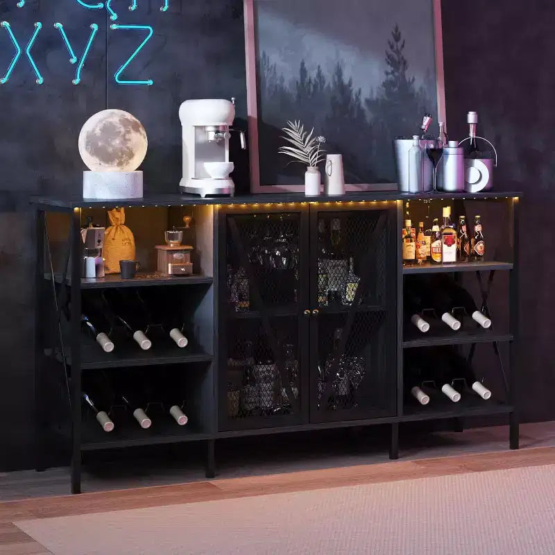 Acekool - Armario de bar industrial, aparador con botellero y estantes de almacenamiento para comedor o sala de estar