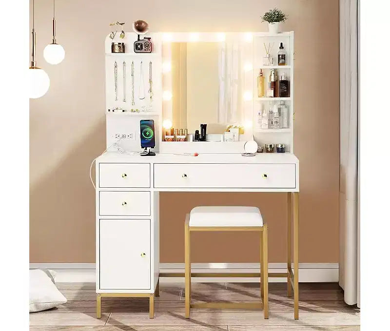 White Makeup Vanity Desk Set with Mirror & Power Outlet -Vanity Table with Storage Shelves, Drawers, Charging Ports & Stool