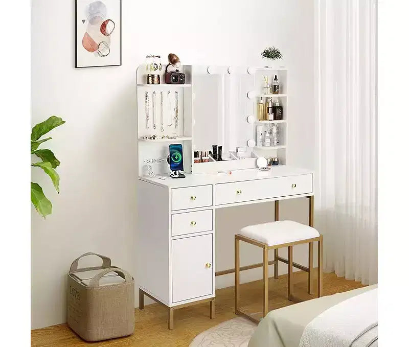 Tocador de maquillaje blanco con espejo y toma de corriente - Tocador con estantes de almacenamiento, cajones, puertos de carga y taburete
