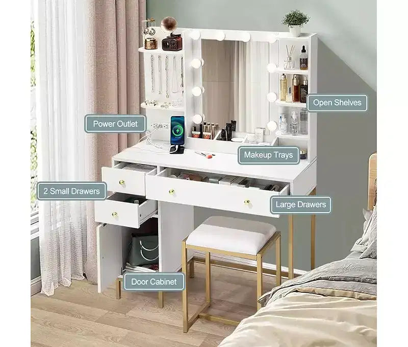 Tocador de maquillaje blanco con espejo y toma de corriente - Tocador con estantes de almacenamiento, cajones, puertos de carga y taburete