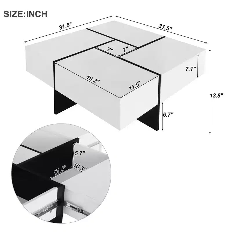 Mesa de centro cuadrada de 31.5 pulgadas con 4 compartimentos de almacenamiento ocultos, mesa de cóctel con tablero deslizante extensible, mesa auxiliar para sala de estar