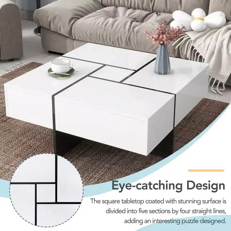 Mesa de centro cuadrada de 31.5 pulgadas con 4 compartimentos de almacenamiento ocultos, mesa de cóctel con tablero deslizante extensible, mesa auxiliar para sala de estar
