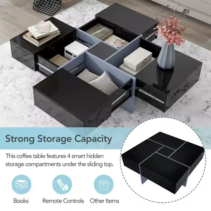 Mesa de centro cuadrada de 31.5 pulgadas con 4 compartimentos de almacenamiento ocultos, mesa de cóctel con tablero deslizante extensible, mesa auxiliar para sala de estar