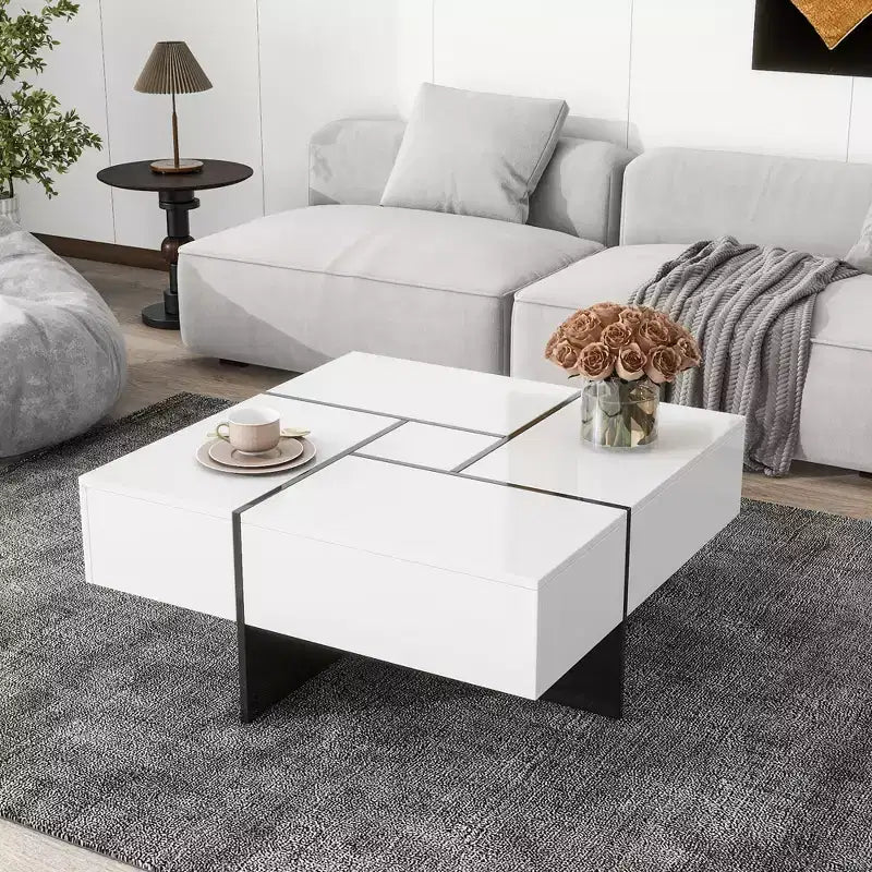 Mesa de centro cuadrada de 31.5 pulgadas con 4 compartimentos de almacenamiento ocultos, mesa de cóctel con tablero deslizante extensible, mesa auxiliar para sala de estar