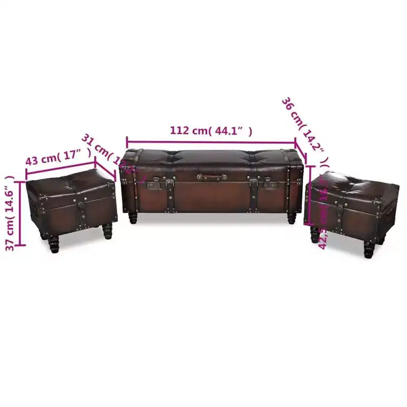 vidaXL Bancos de almacenamiento 3 unidades Marrón oscuro Madera maciza de pino y piel sintética