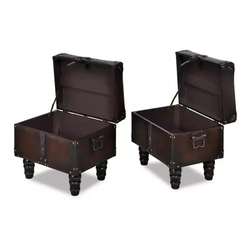 vidaXL Bancos de almacenamiento 3 unidades Marrón oscuro Madera maciza de pino y piel sintética