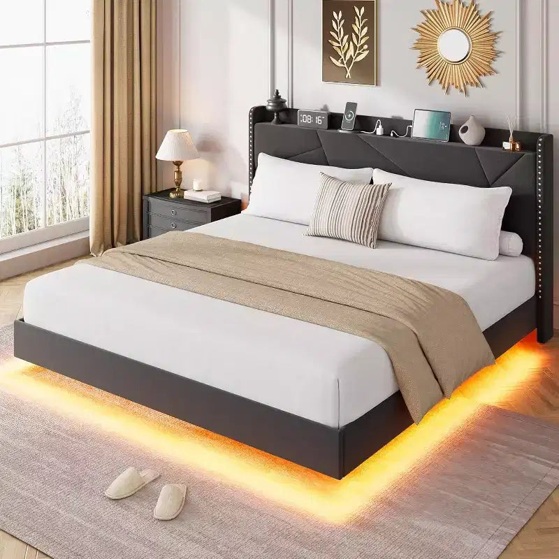 Base de cama flotante de tamaño completo, camas de plataforma tapizadas con cabecero de almacenamiento y estantes plegables, soporte de láminas de metal, no requiere somier