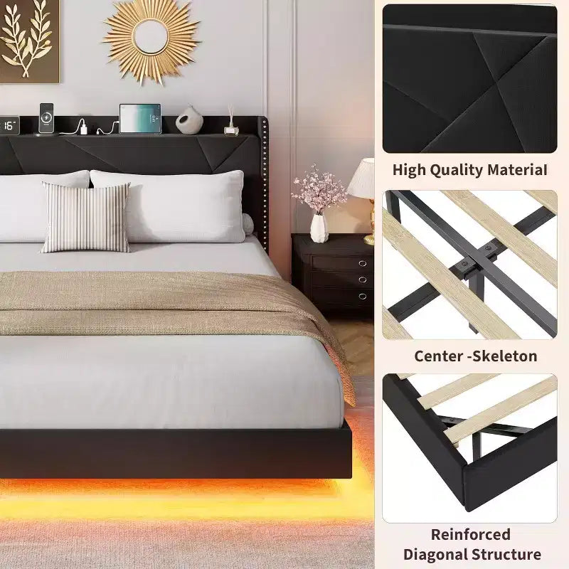 Base de cama flotante de tamaño completo, camas de plataforma tapizadas con cabecero de almacenamiento y estantes plegables, soporte de láminas de metal, no requiere somier