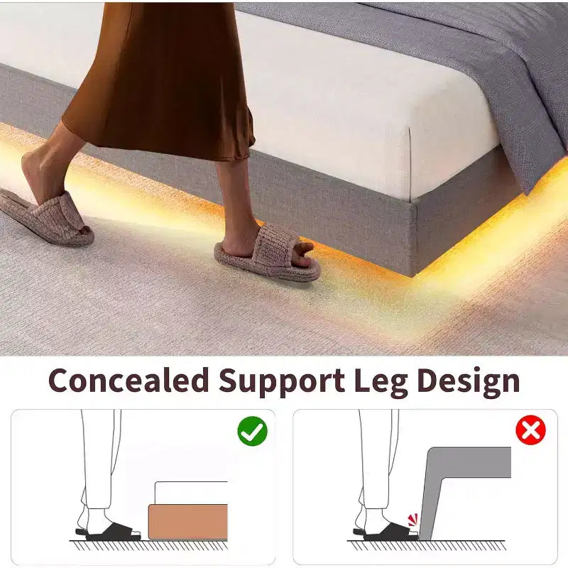 Base de cama flotante de tamaño completo, camas de plataforma tapizadas con cabecero de almacenamiento y estantes plegables, soporte de láminas de metal, no requiere somier