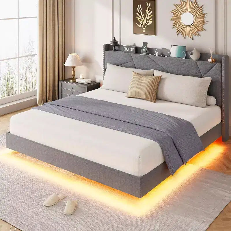 Base de cama flotante de tamaño completo, camas de plataforma tapizadas con cabecero de almacenamiento y estantes plegables, soporte de láminas de metal, no requiere somier