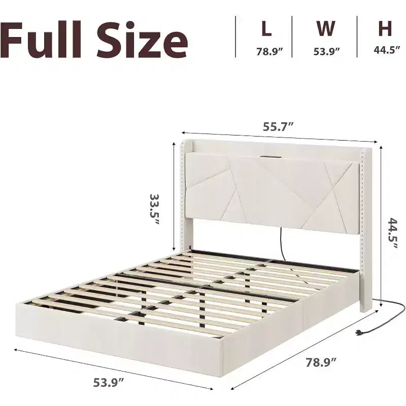 Base de cama flotante de tamaño completo, camas de plataforma tapizadas con cabecero de almacenamiento y estantes plegables, soporte de láminas de metal, no requiere somier