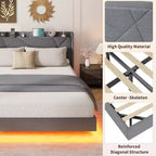Base de cama flotante de tamaño completo, camas de plataforma tapizadas con cabecero de almacenamiento y estantes plegables, soporte de láminas de metal, no requiere somier