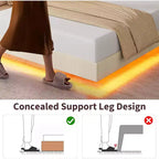 Base de cama flotante de tamaño completo, camas de plataforma tapizadas con cabecero de almacenamiento y estantes plegables, soporte de láminas de metal, no requiere somier