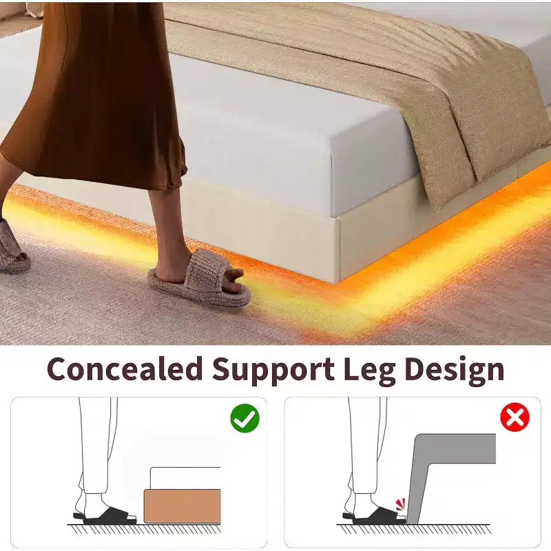 Base de cama flotante de tamaño completo, camas de plataforma tapizadas con cabecero de almacenamiento y estantes plegables, soporte de láminas de metal, no requiere somier