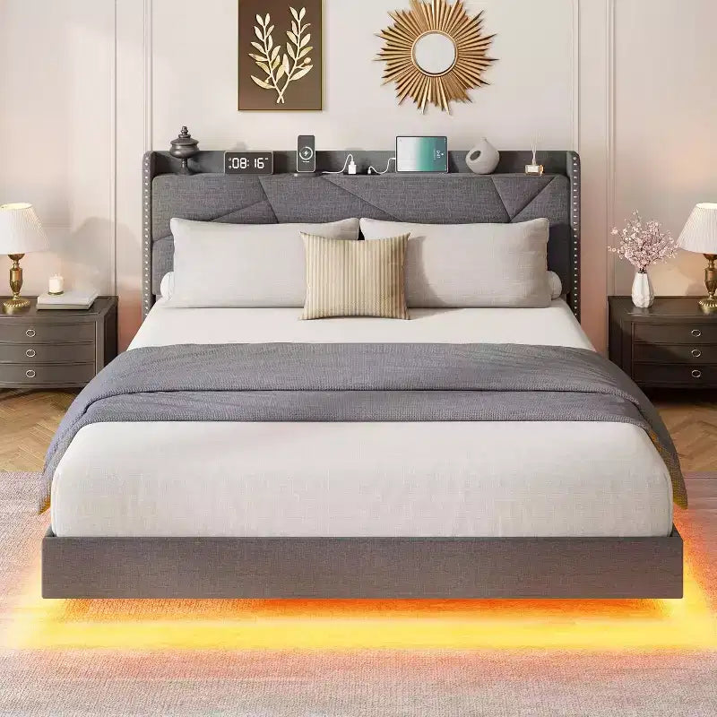 Base de cama flotante de tamaño completo, camas de plataforma tapizadas con cabecero de almacenamiento y estantes plegables, soporte de láminas de metal, no requiere somier