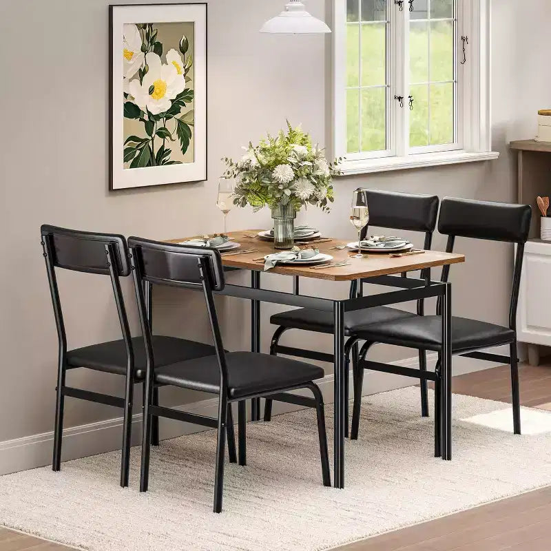 Juego de comedor Acekool de 5 piezas, mesa veteada de madera marrón, ahorra espacio, para cocina