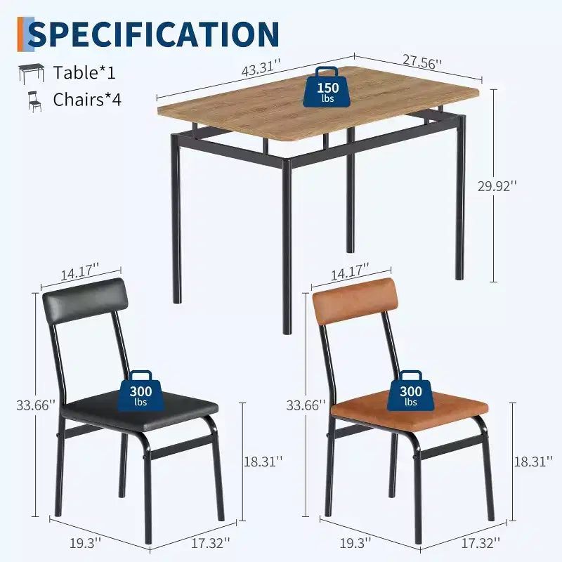Juego de comedor Acekool de 5 piezas, mesa veteada de madera marrón, ahorra espacio, para cocina