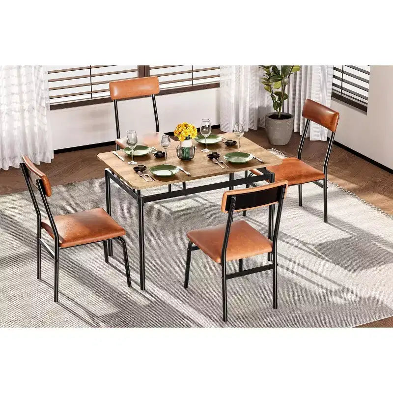 Juego de comedor Acekool de 5 piezas, mesa veteada de madera marrón, ahorra espacio, para cocina
