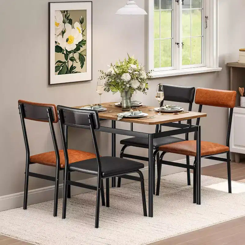 Juego de comedor Acekool de 5 piezas, mesa veteada de madera marrón, ahorra espacio, para cocina