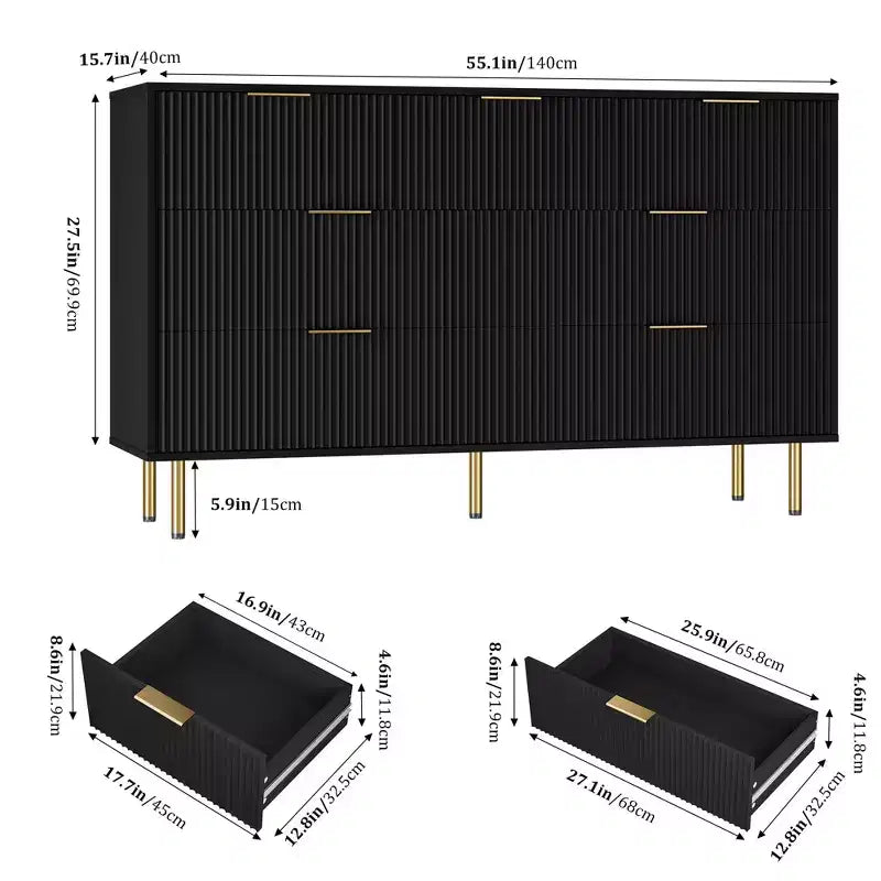 Tocador de 7 cajones Whizmax para dormitorio, organizador de cómoda de madera moderno con tiradores de metal dorados y dispositivo antivuelco para pasillo, entrada
