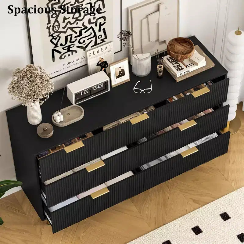 Tocador de 7 cajones Whizmax para dormitorio, organizador de cómoda de madera moderno con tiradores de metal dorados y dispositivo antivuelco para pasillo, entrada