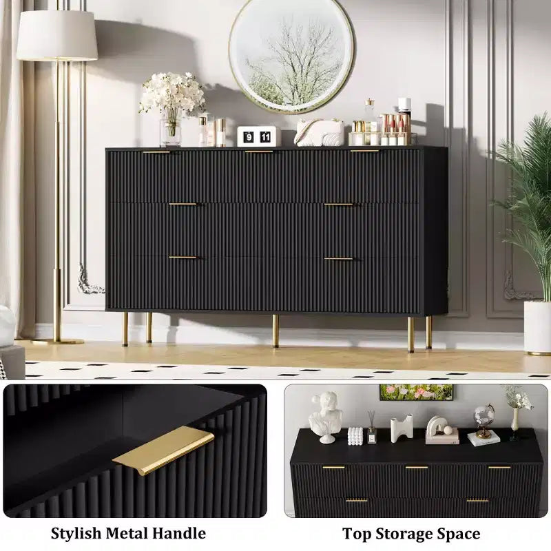 Tocador de 7 cajones Whizmax para dormitorio, organizador de cómoda de madera moderno con tiradores de metal dorados y dispositivo antivuelco para pasillo, entrada