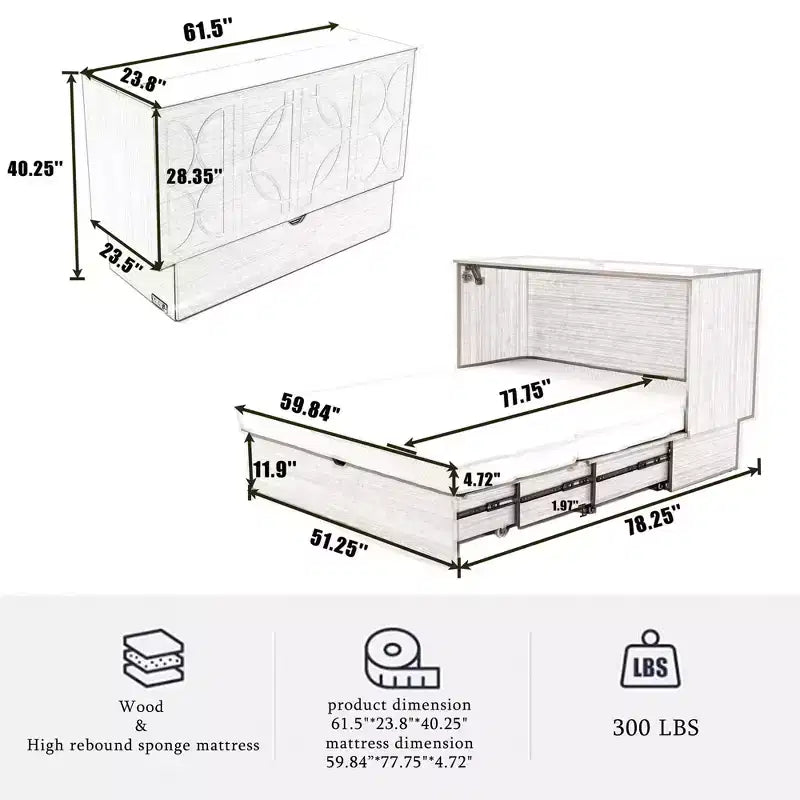 GDFStudio Enlor Arcón Cama Murphy Moderno de Madera con Colchón de Espuma Plegable, Estación de Carga y Cajones de Almacenamiento