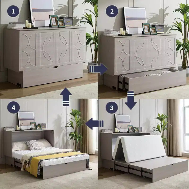 GDFStudio Enlor Arcón Cama Murphy Moderno de Madera con Colchón de Espuma Plegable, Estación de Carga y Cajones de Almacenamiento