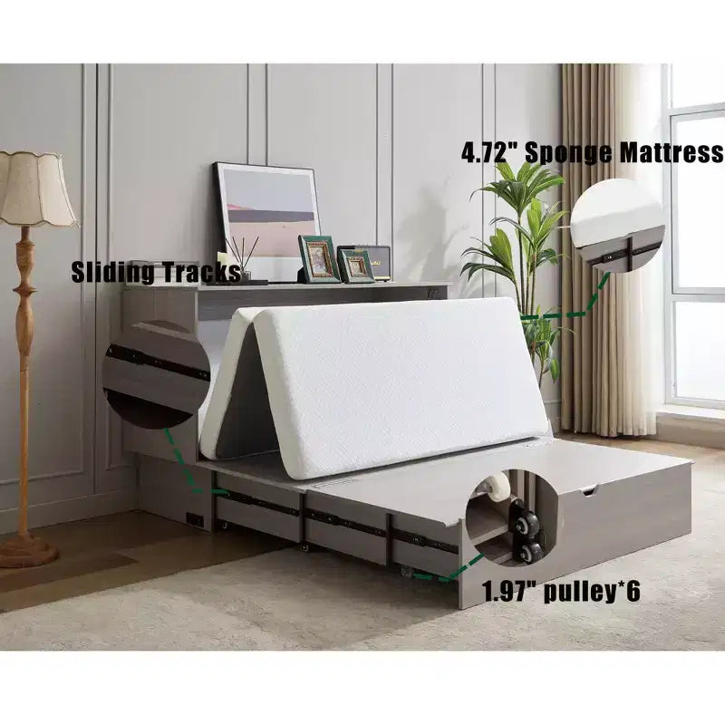 GDFStudio Enlor Arcón Cama Murphy Moderno de Madera con Colchón de Espuma Plegable, Estación de Carga y Cajones de Almacenamiento