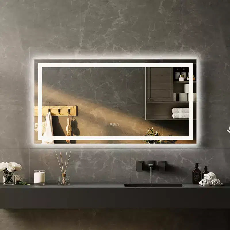 Espejo de baño LED sin marco con iluminación frontal y trasera, intensidad regulable continua, antivaho, a prueba de roturas para pared (horizontal/vertical)
