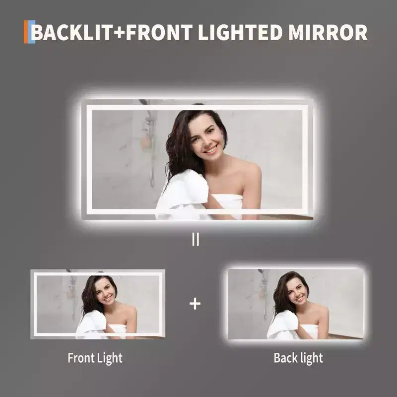 Espejo de baño LED sin marco con iluminación frontal y trasera, intensidad regulable continua, antivaho, a prueba de roturas para pared (horizontal/vertical)
