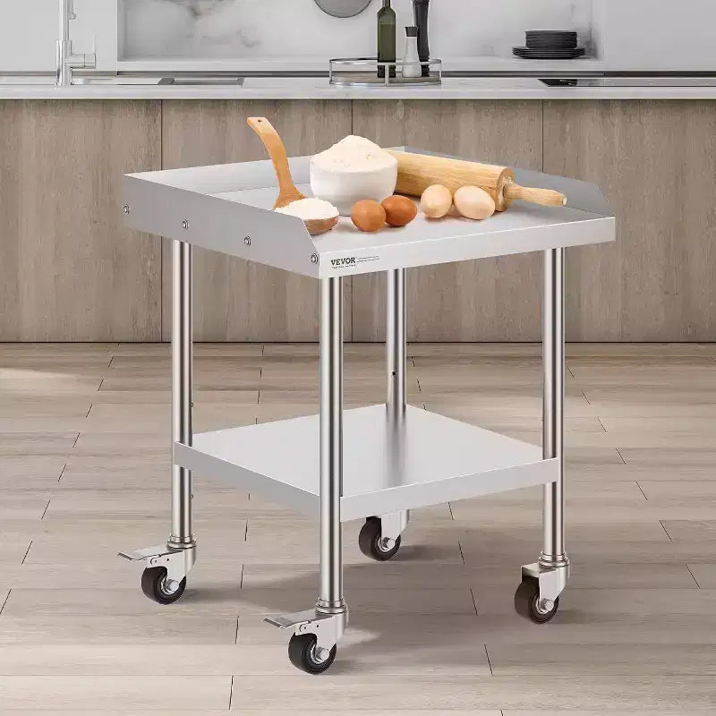 Mesa de trabajo de acero inoxidable para preparación de alimentos con 4 ruedas, protector contra salpicaduras de 3 lados, mesa de trabajo de metal de alta resistencia para restaurante, hogar y hotel