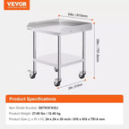 Mesa de trabajo de acero inoxidable para preparación de alimentos con 4 ruedas, protector contra salpicaduras de 3 lados, mesa de trabajo de metal de alta resistencia para restaurante, hogar y hotel