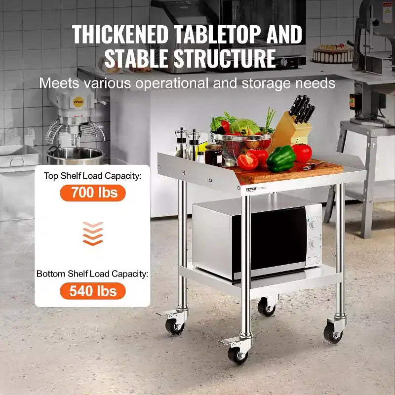 Mesa de trabajo de acero inoxidable para preparación de alimentos con 4 ruedas, protector contra salpicaduras de 3 lados, mesa de trabajo de metal de alta resistencia para restaurante, hogar y hotel
