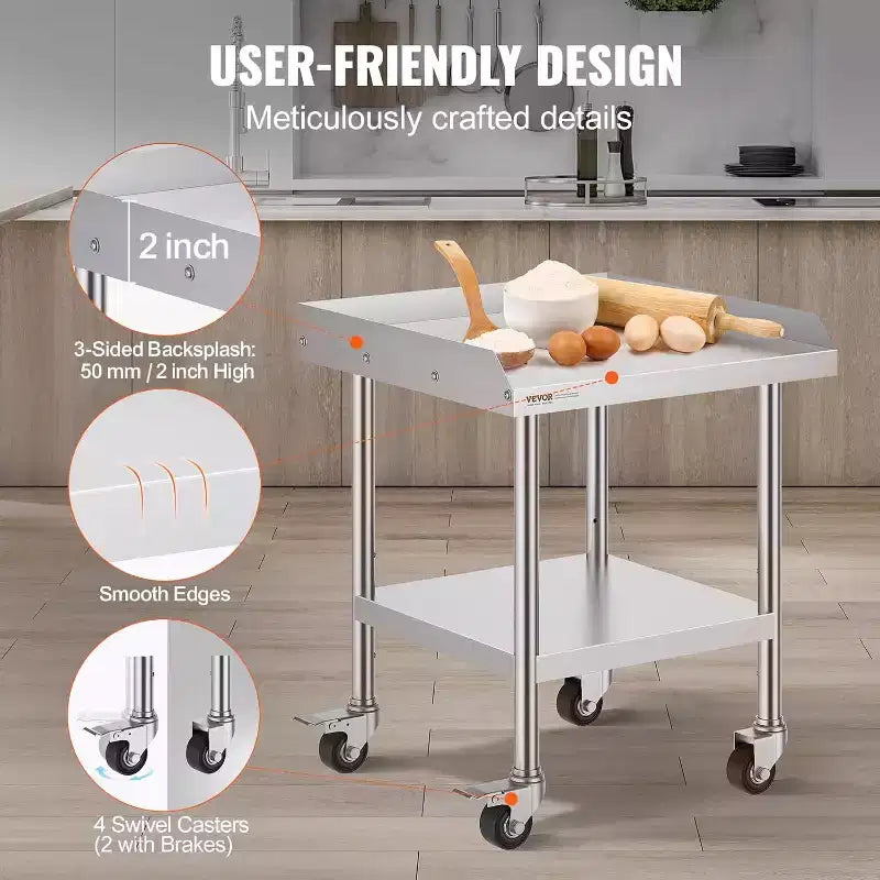 Mesa de trabajo de acero inoxidable para preparación de alimentos con 4 ruedas, protector contra salpicaduras de 3 lados, mesa de trabajo de metal de alta resistencia para restaurante, hogar y hotel