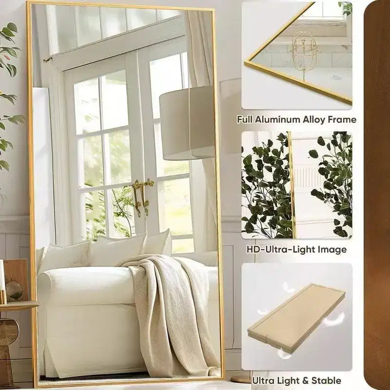 Espejo de cuerpo entero rectangular dorado de 91x46 con soporte. Un espejo de pie sobredimensionado para usar de pie o colgado