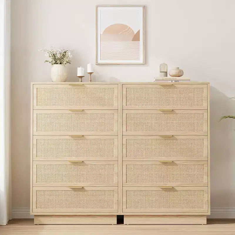 Cómoda de 5 cajones de ratán para dormitorio, diseño de cuerpo de gabinete y patas integrados, cómoda de madera para pasillos, entradas y armarios, fácil montaje