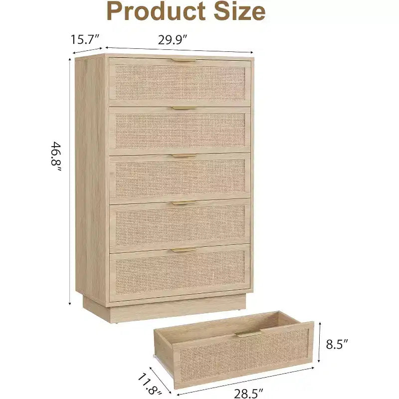 Cómoda de 5 cajones de ratán para dormitorio, diseño de cuerpo de gabinete y patas integrados, cómoda de madera para pasillos, entradas y armarios, fácil montaje