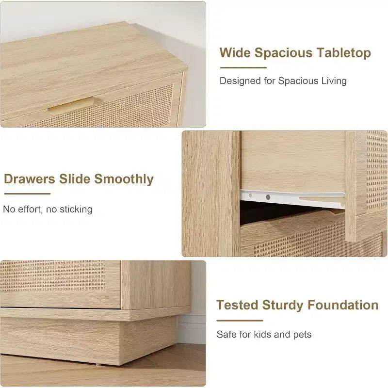 Cómoda de 5 cajones de ratán para dormitorio, diseño de cuerpo de gabinete y patas integrados, cómoda de madera para pasillos, entradas y armarios, fácil montaje