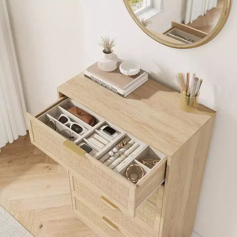 Cómoda de 5 cajones de ratán para dormitorio, diseño de cuerpo de gabinete y patas integrados, cómoda de madera para pasillos, entradas y armarios, fácil montaje
