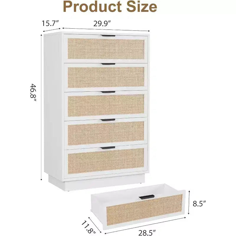 Cómoda de 5 cajones de ratán para dormitorio, diseño de cuerpo de gabinete y patas integrados, cómoda de madera para pasillos, entradas y armarios, fácil montaje