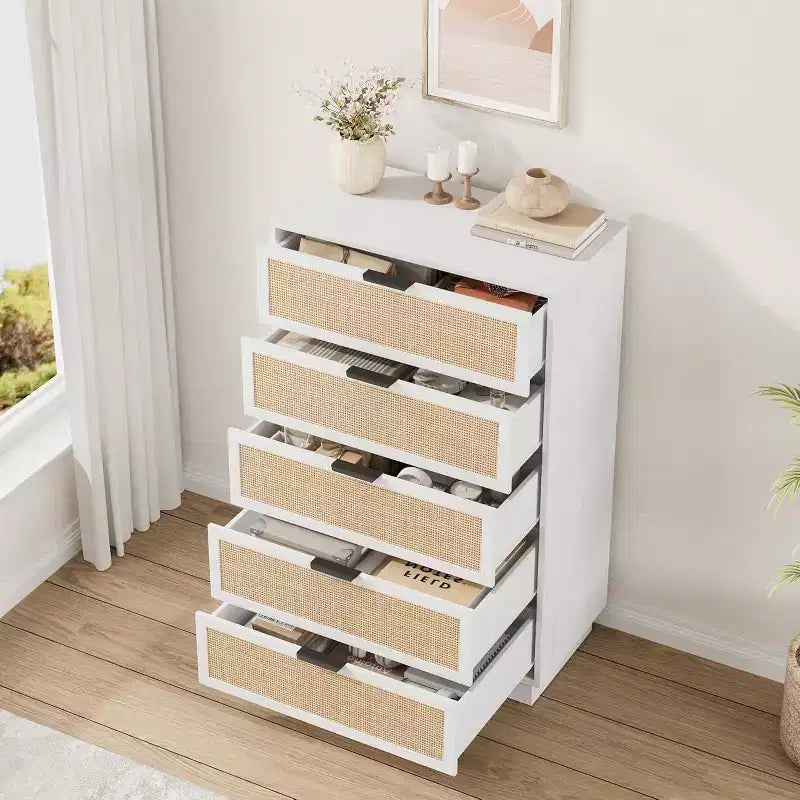 Cómoda de 5 cajones de ratán para dormitorio, diseño de cuerpo de gabinete y patas integrados, cómoda de madera para pasillos, entradas y armarios, fácil montaje