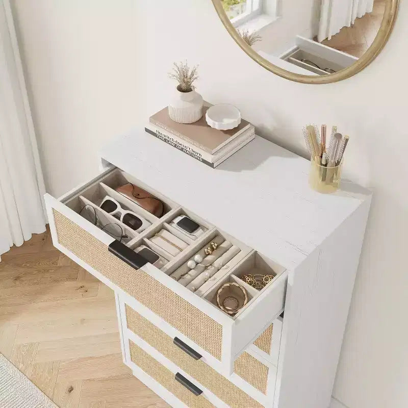Cómoda de 5 cajones de ratán para dormitorio, diseño de cuerpo de gabinete y patas integrados, cómoda de madera para pasillos, entradas y armarios, fácil montaje