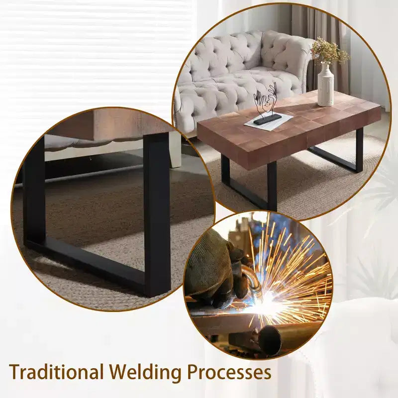 TUYOHW Mesa de centro rústica con patas de metal, mesa central hecha a mano de 47.2 pulgadas para sala de estar, mesa auxiliar de madera para decoración del hogar, marrón/negro