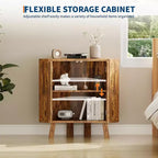 Gabinete esquinero rústico de 3 niveles con estante ajustable, mesa esquinera de madera con puertas y mesa auxiliar triangular para sala de estar y cocina