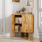 Gabinete esquinero rústico de 3 niveles con estante ajustable, mesa esquinera de madera con puertas y mesa auxiliar triangular para sala de estar y cocina