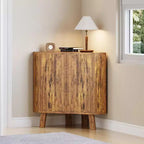 Gabinete esquinero rústico de 3 niveles con estante ajustable, mesa esquinera de madera con puertas y mesa auxiliar triangular para sala de estar y cocina